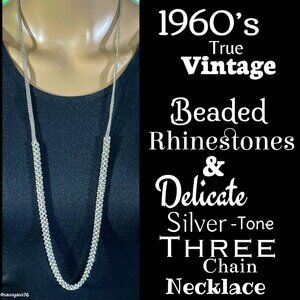 ▪️VTG▪️1960's Beaded Rhinestones & 3-Strand Silver-Tone Chain Link Necklace